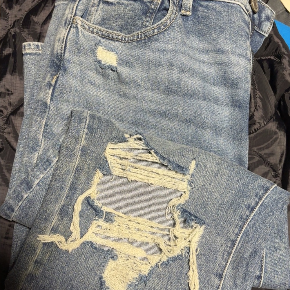 Women's Distressed Straight Leg Jeans - Blue